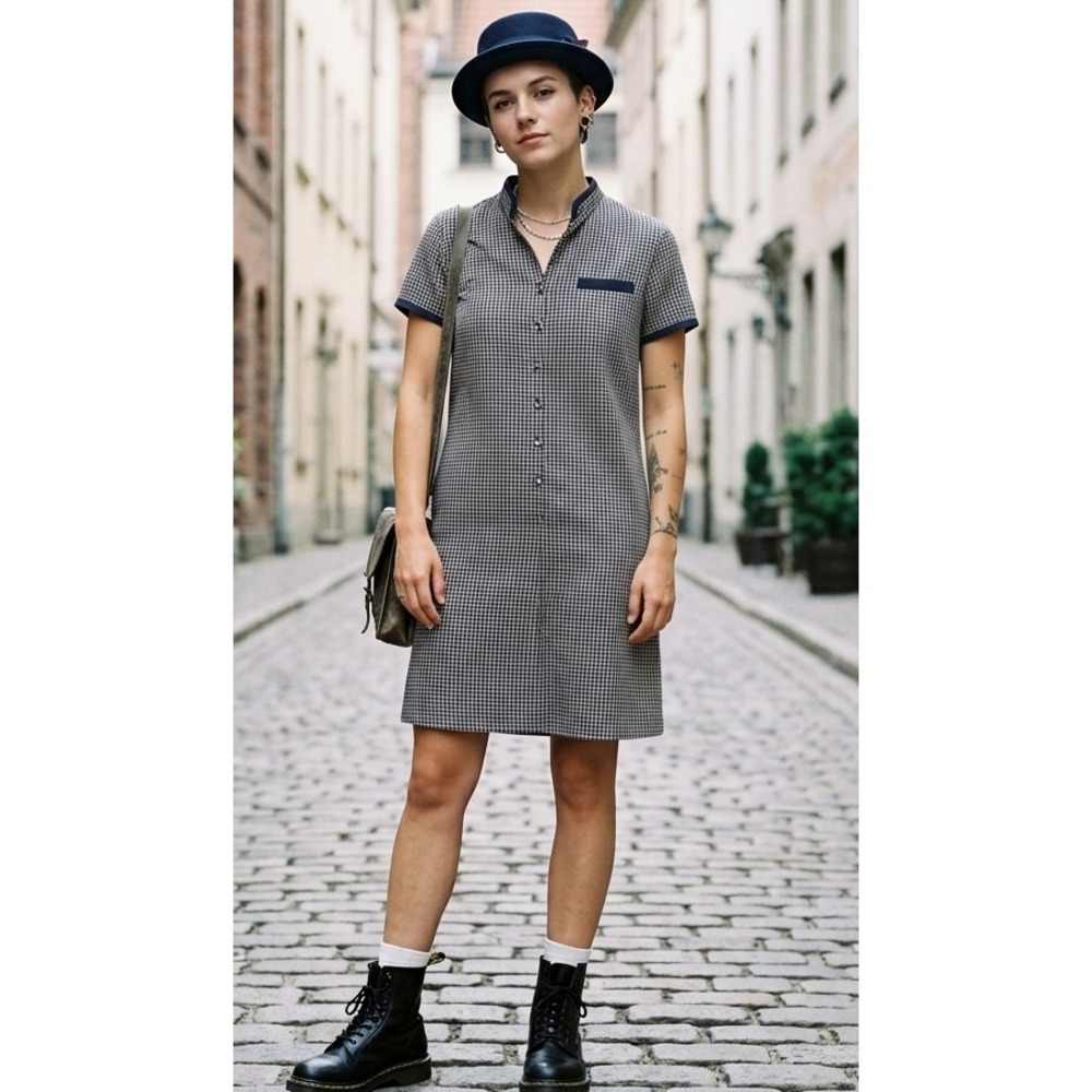 Jessica Howard Vintage Y2K Grid Check Shift Dress Navy Cream Mod Retro 60s Style